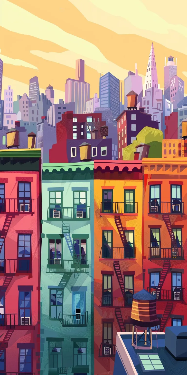 city background cartoon, wallpaper style, 4K  1:2
