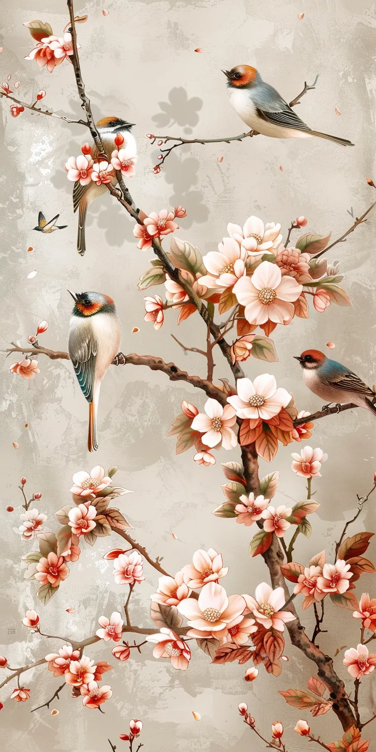 wallpaper with flowers and birds, style, 4K  1:2