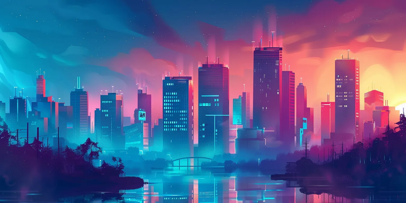 city background cartoon, wallpaper style, 4K  2:1