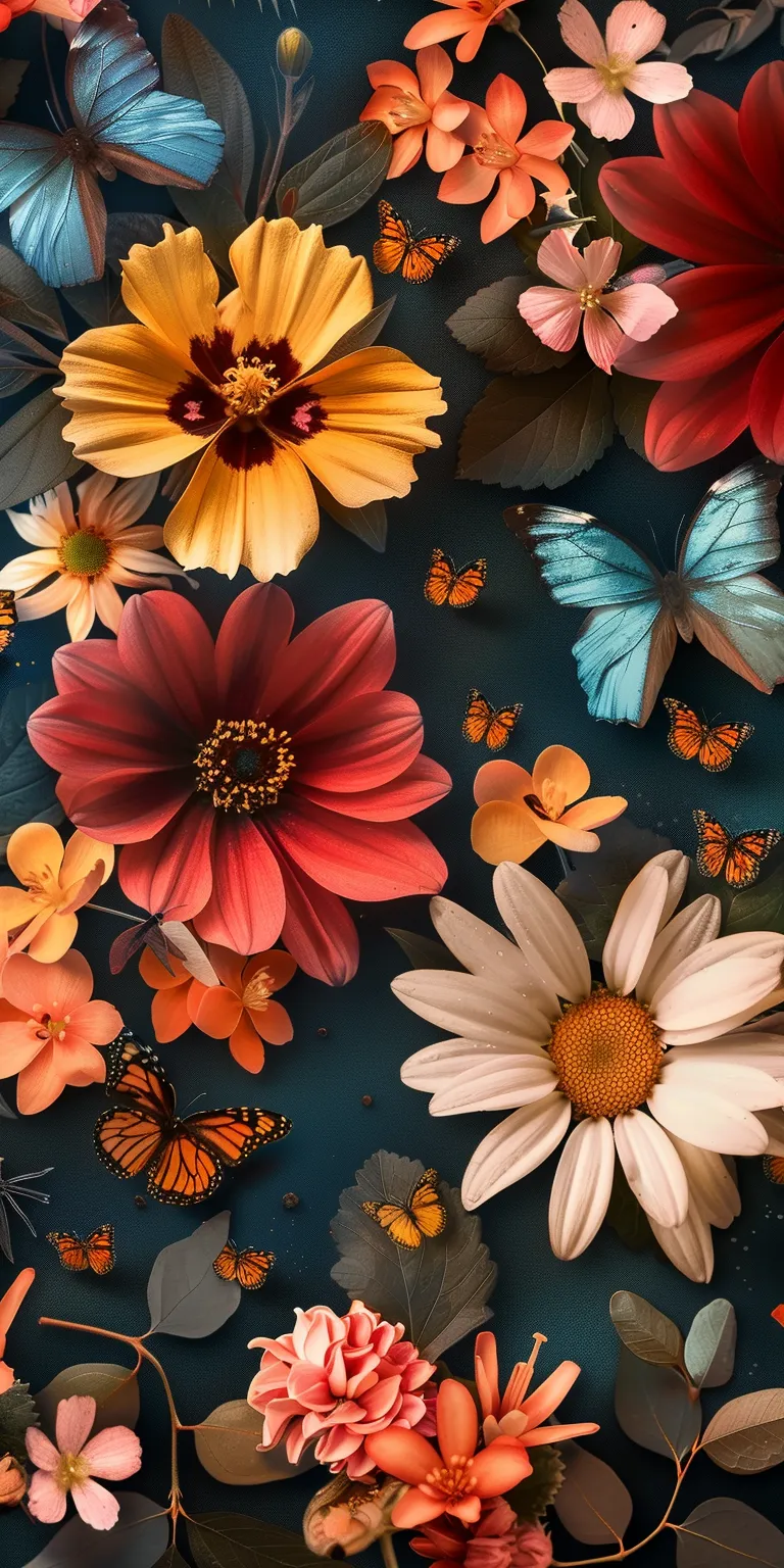 wallpaper with flowers and butterflies, style, 4K  1:2