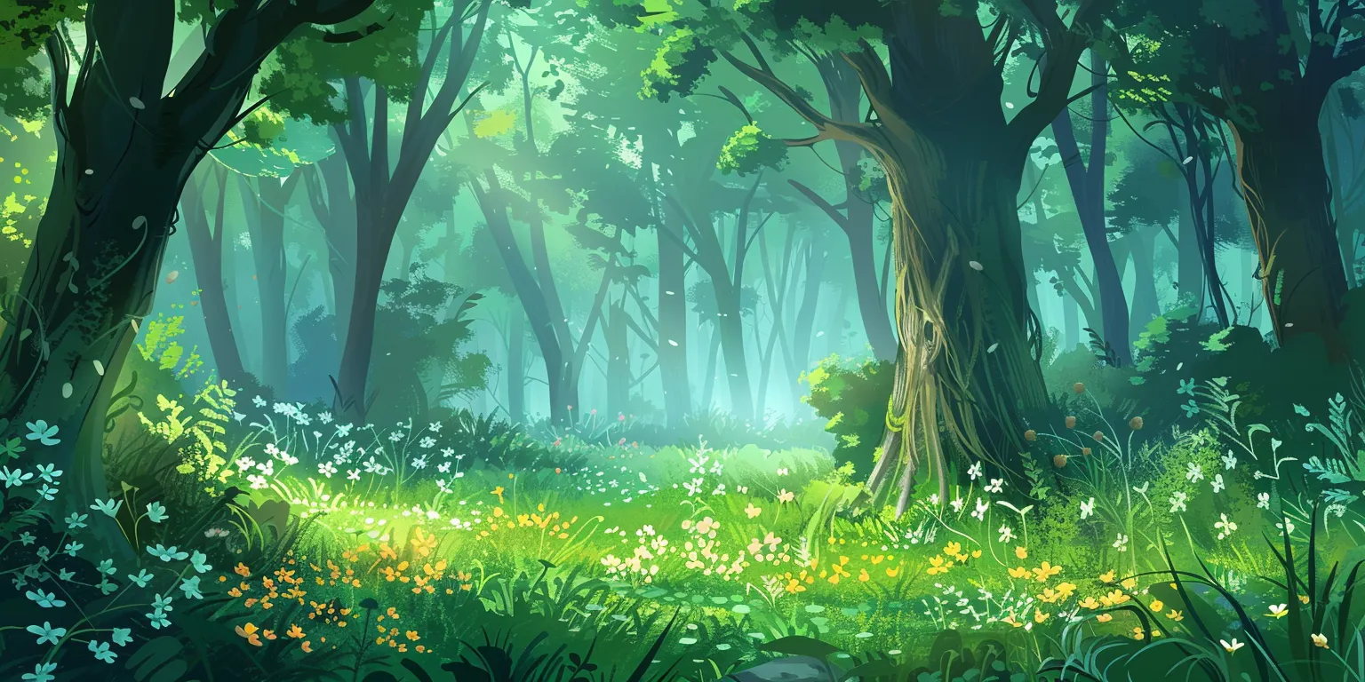 forest background cartoon, wallpaper style, 4K  2:1