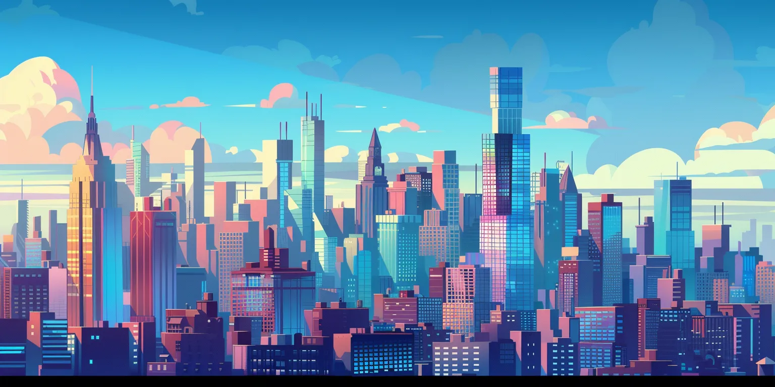 city background cartoon, wallpaper style, 4K  2:1