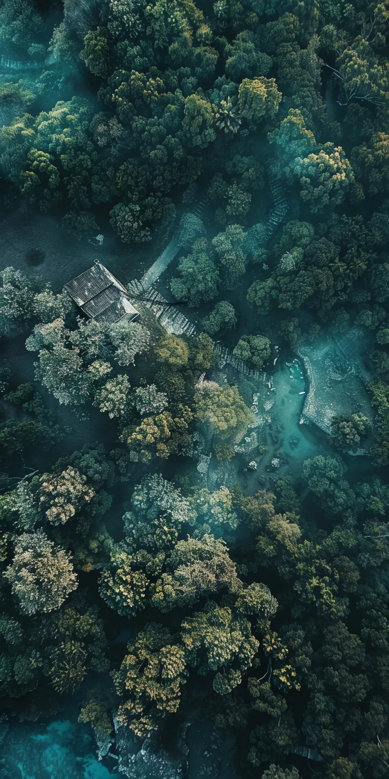 background pictures forest, jungle, ghibli, house, 3840x1080