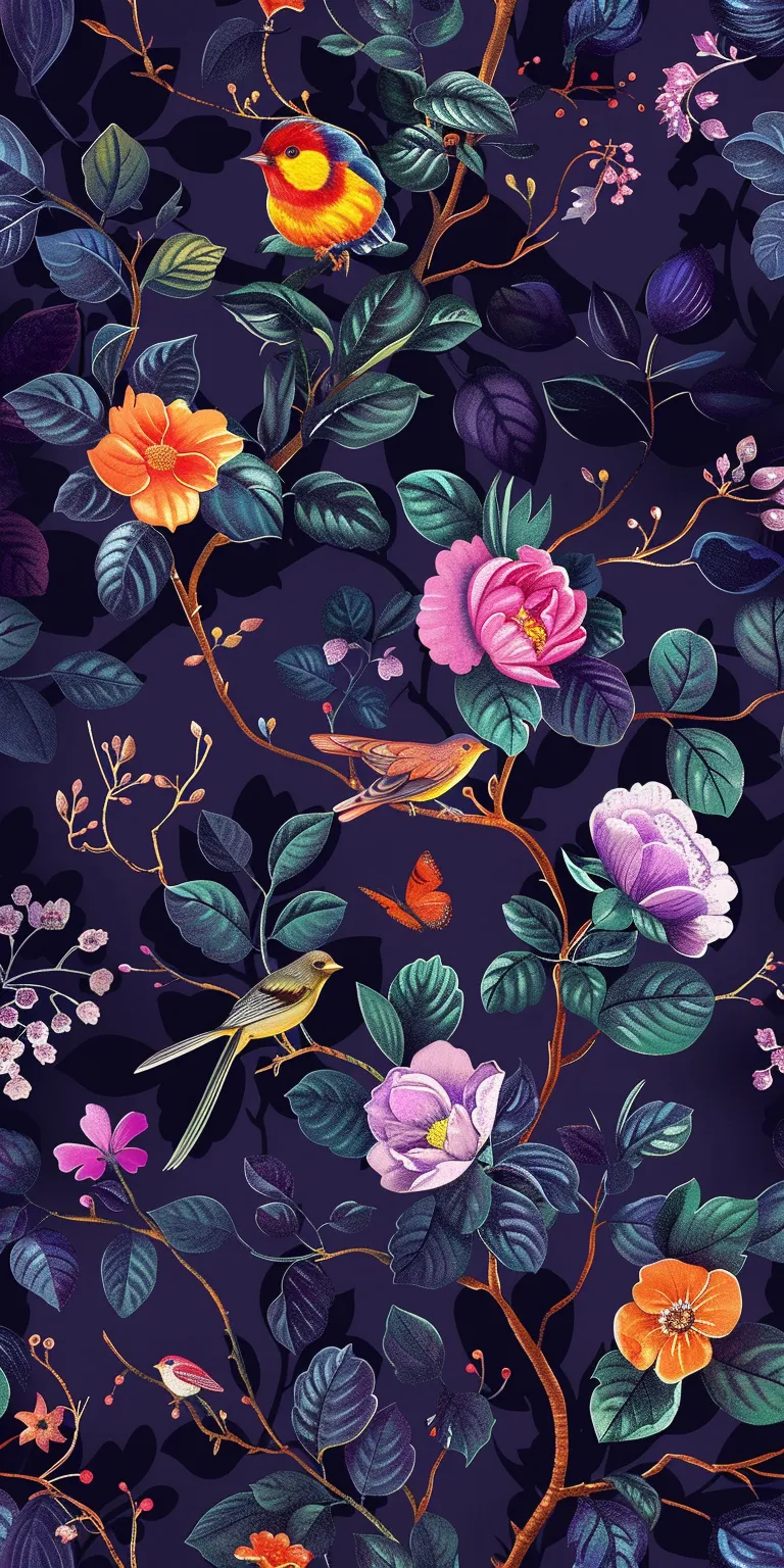 wallpaper with flowers and birds, style, 4K  1:2