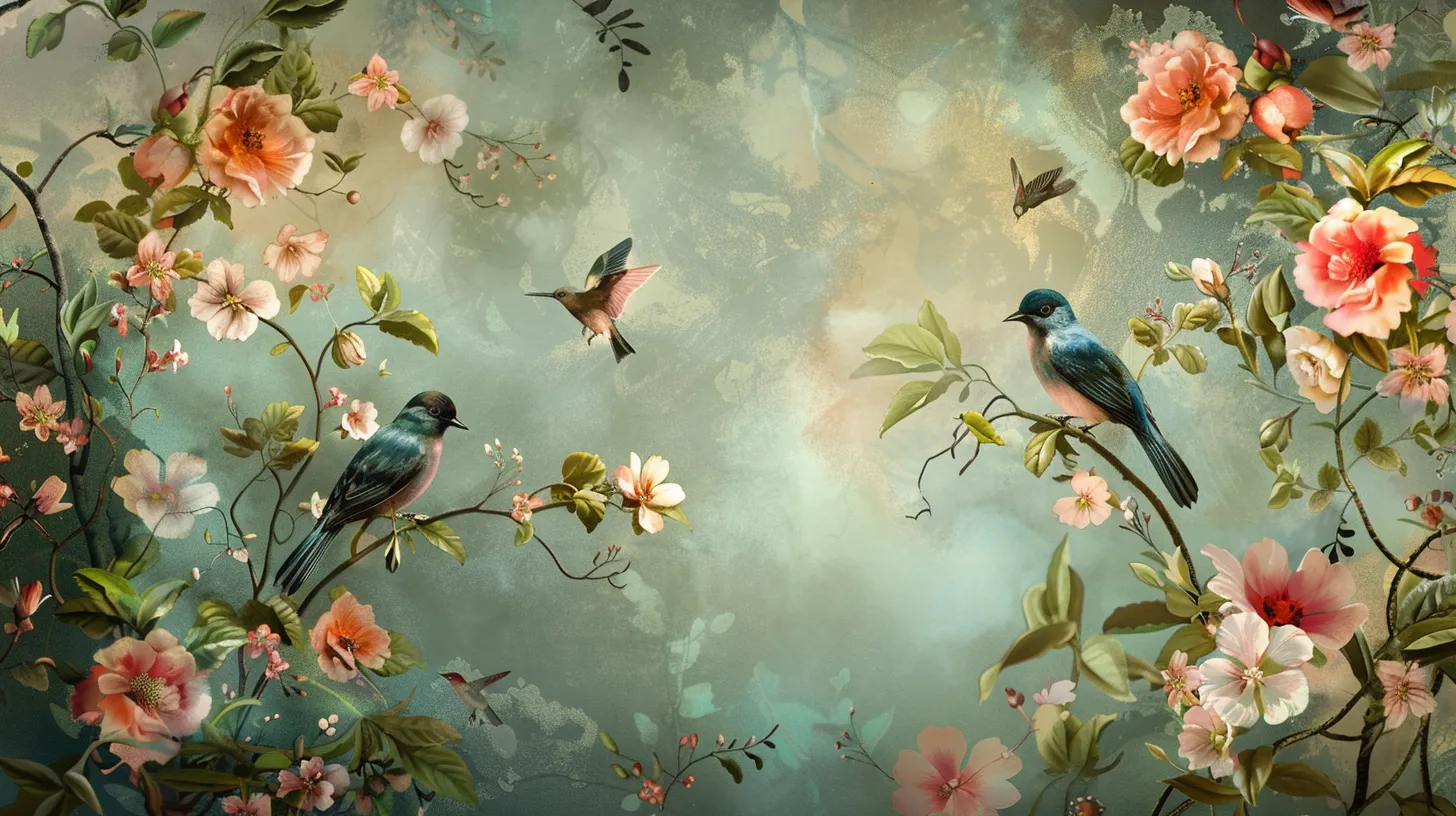 wallpaper with flowers and birds, style, 4K  16:9