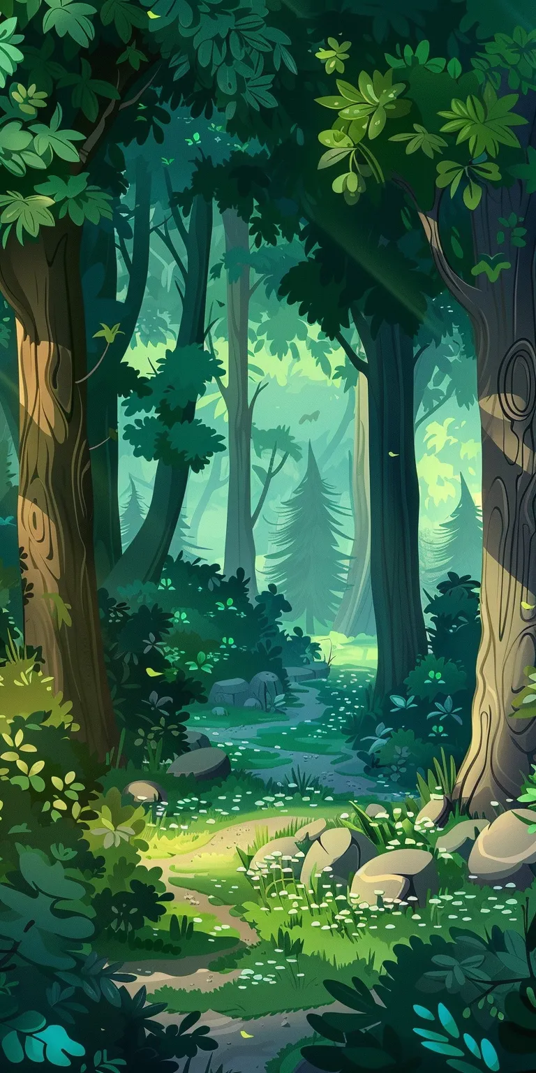 forest background cartoon, wallpaper style, 4K  1:2