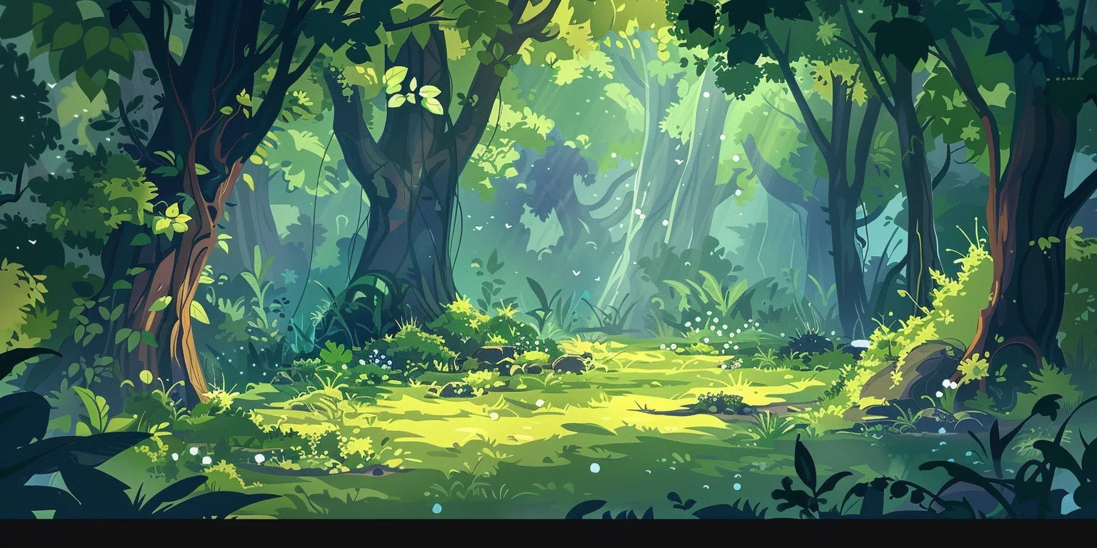 forest background cartoon, wallpaper style, 4K  2:1