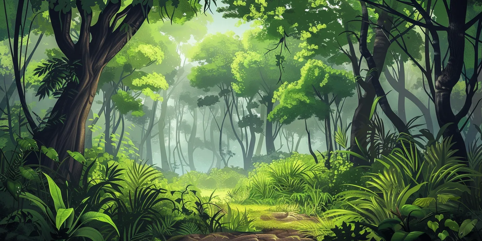 forest background cartoon, wallpaper style, 4K  2:1