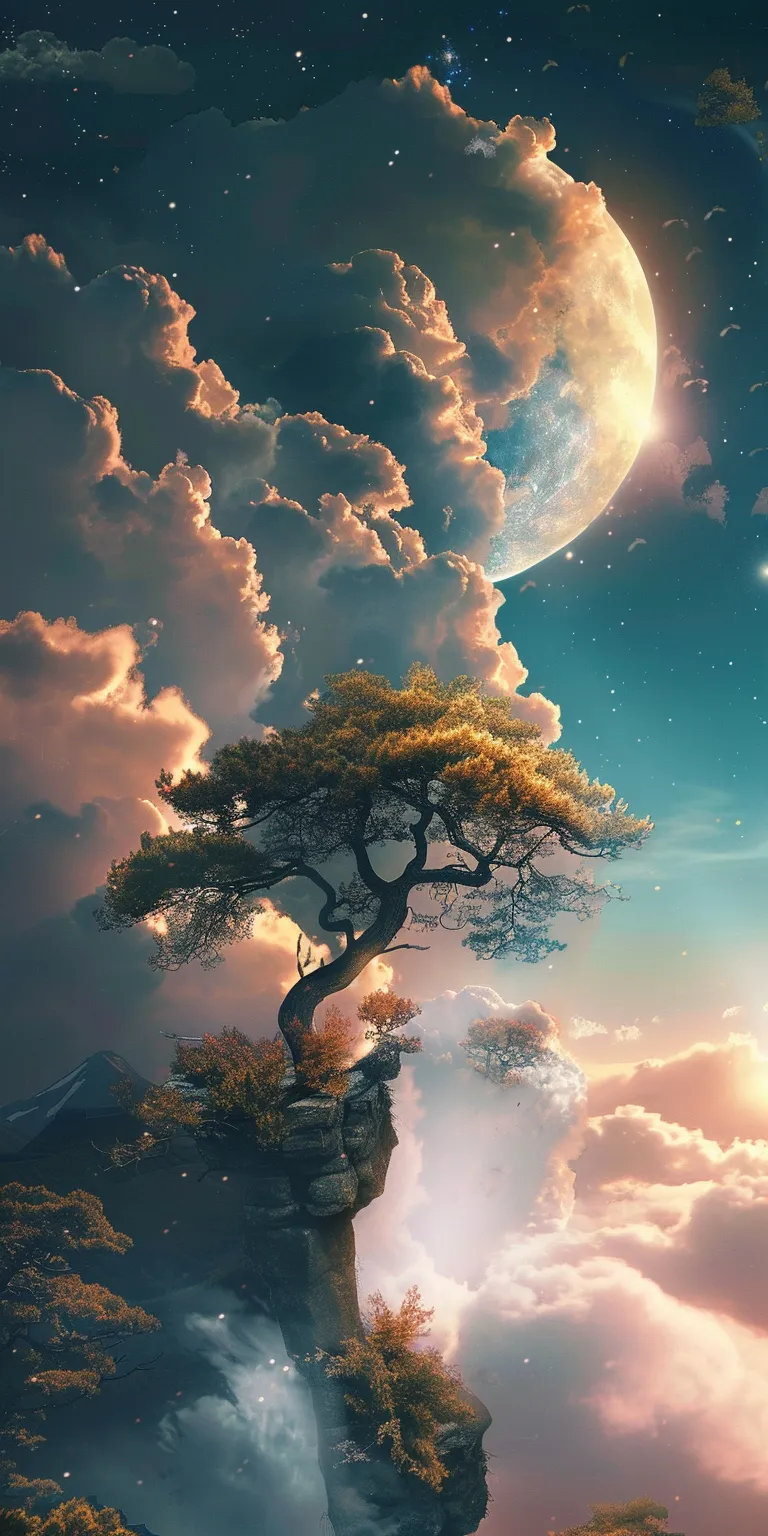 beautiful wallpaper tree, sky, moon, earth, scenery