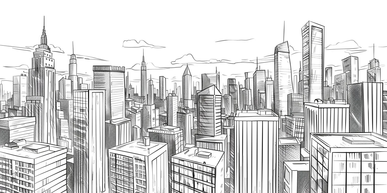 city background drawing, wallpaper style, 4K  2:1