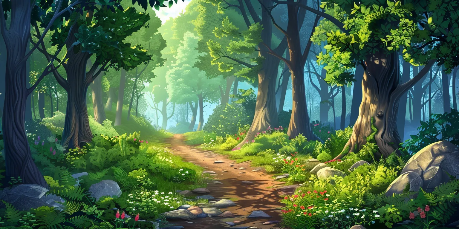 forest background cartoon, wallpaper style, 4K  2:1