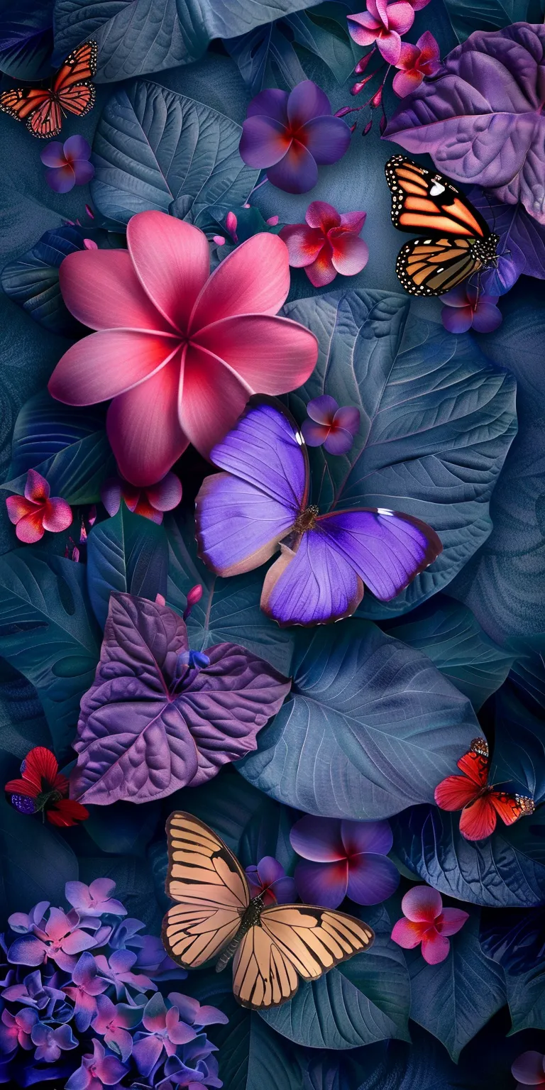 wallpaper with flowers and butterflies, style, 4K  1:2