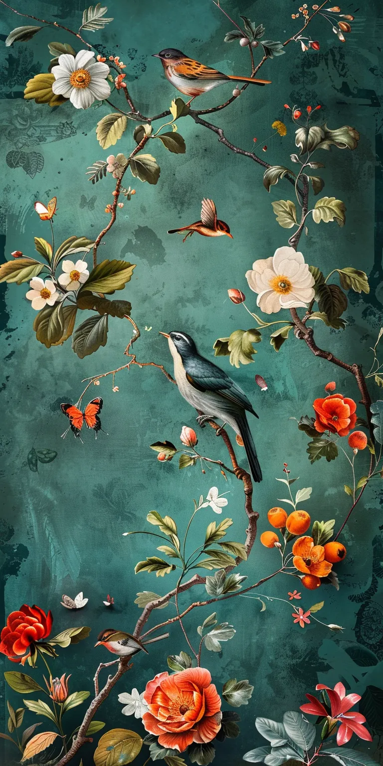 wallpaper with flowers and birds, style, 4K  1:2