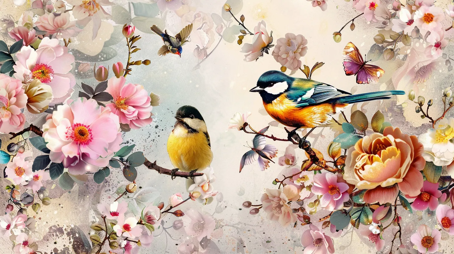 wallpaper with flowers and birds, style, 4K  16:9