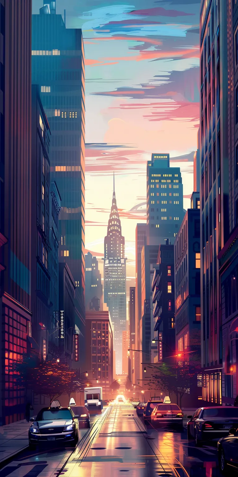 city background cartoon, wallpaper style, 4K  1:2
