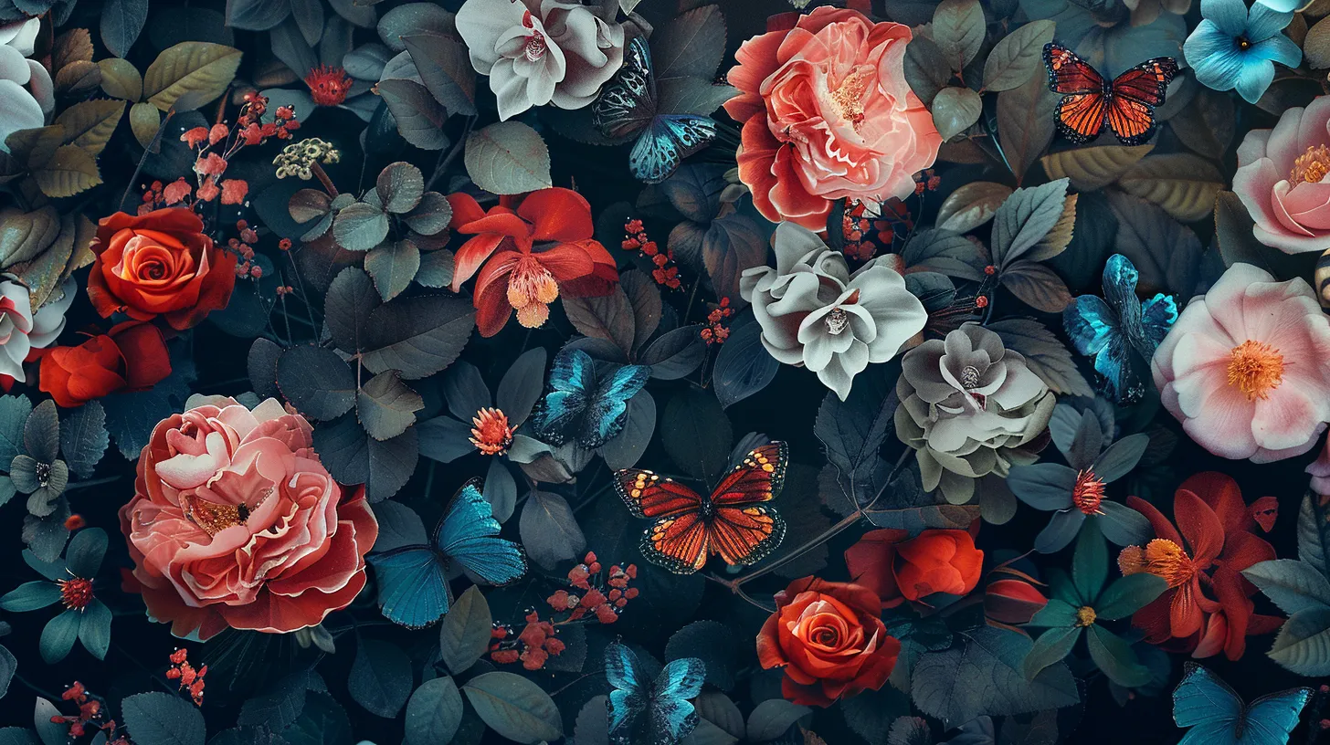 wallpaper with flowers and butterflies, style, 4K  16:9