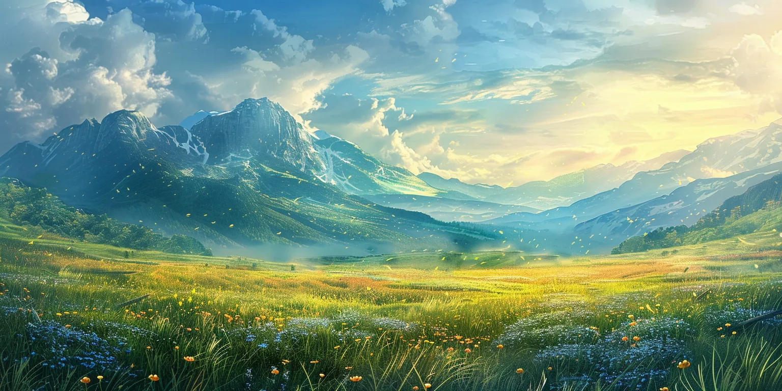 background pictures evergarden, landscape, valley, mountain, 3840x1080