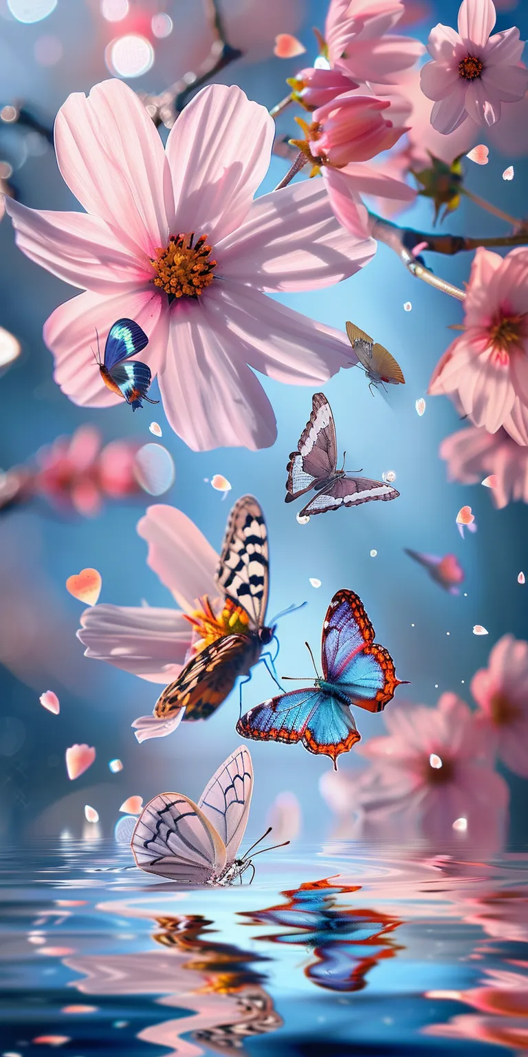 wallpaper with flowers and butterflies, style, 4K  1:2