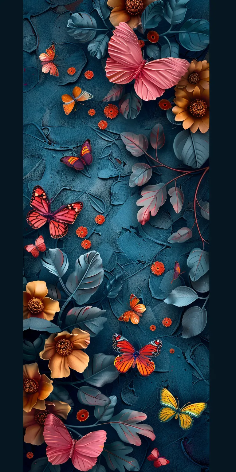 wallpaper with flowers and butterflies, style, 4K  1:2