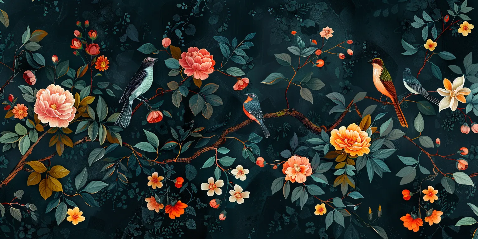 wallpaper with flowers and birds, style, 4K  2:1