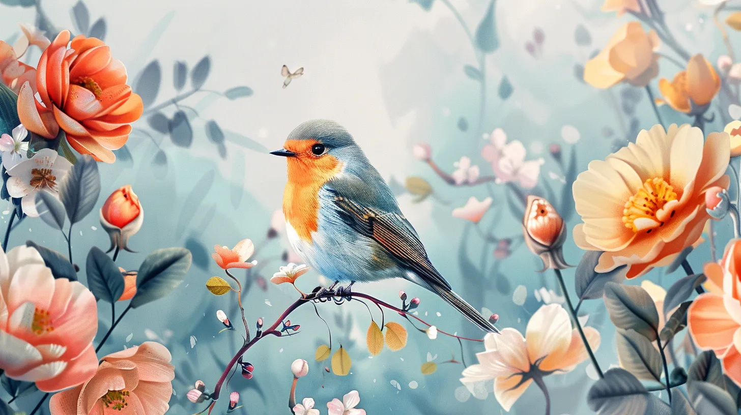 wallpaper with flowers and birds, style, 4K  16:9