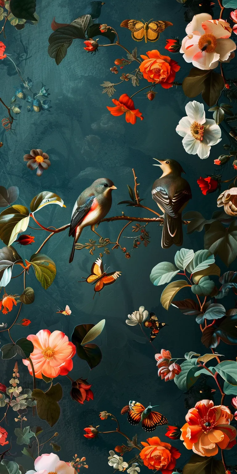 wallpaper with flowers and birds, style, 4K  1:2