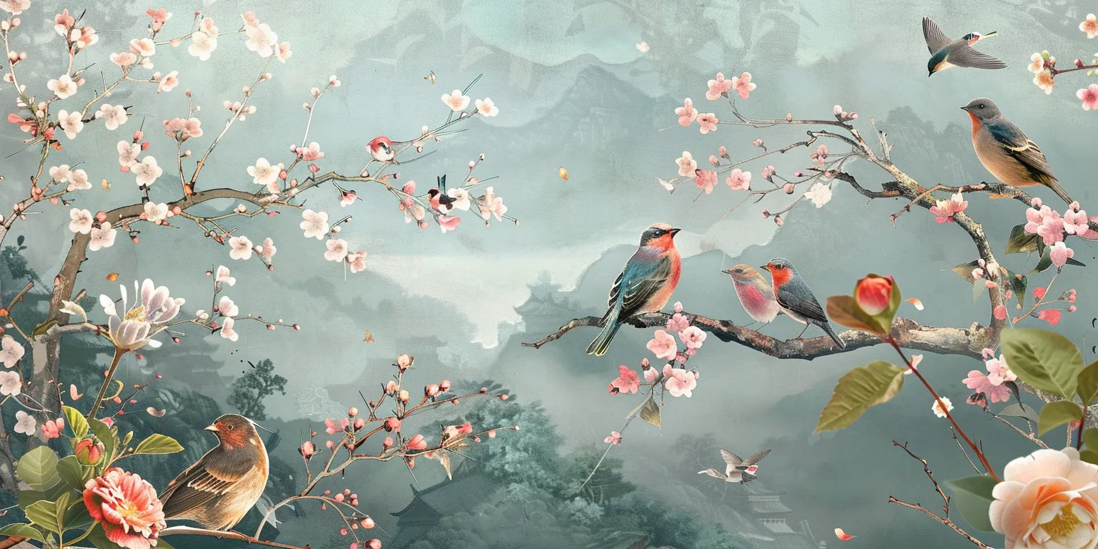 wallpaper with flowers and birds, style, 4K  2:1