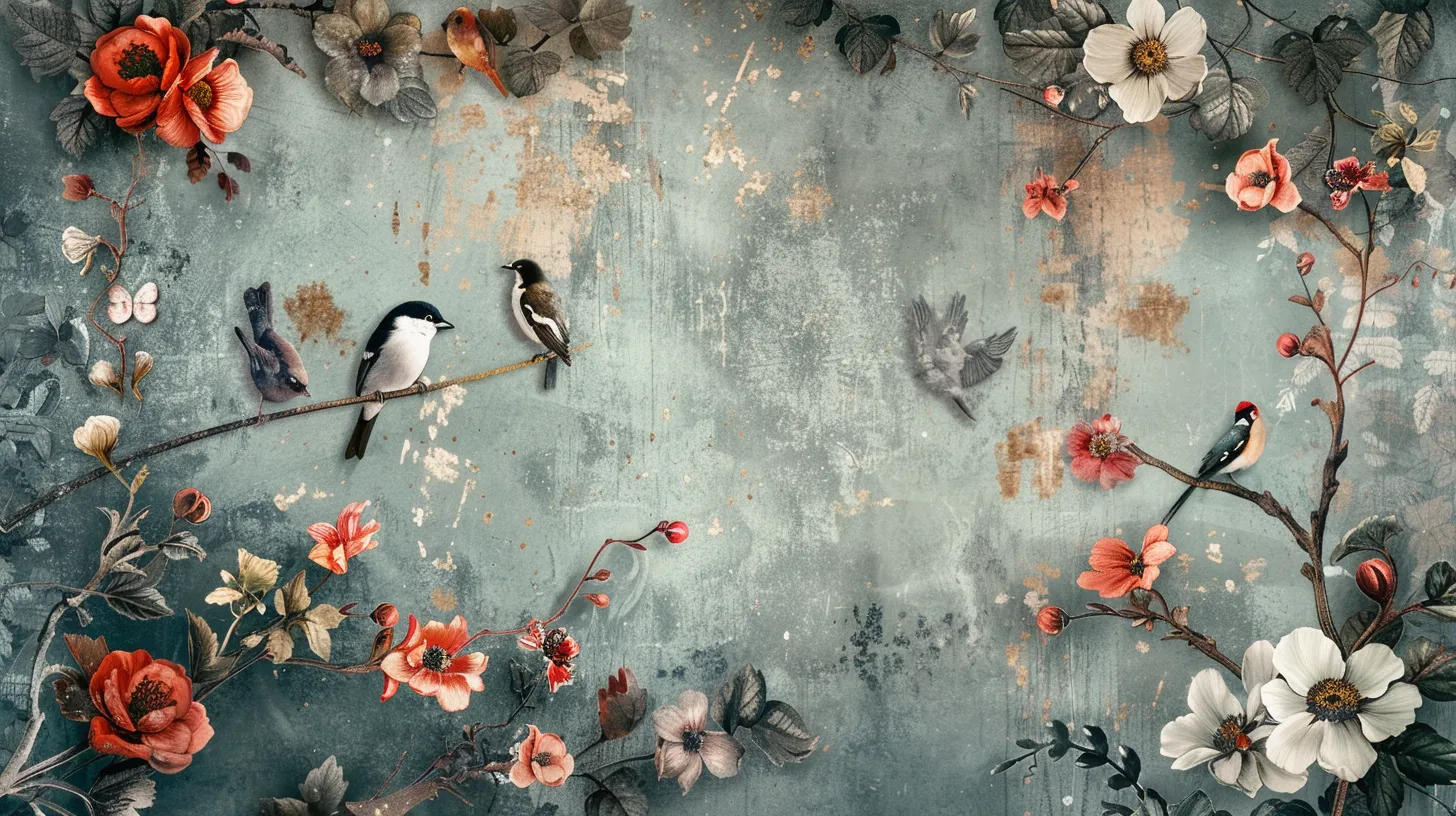 wallpaper with flowers and birds, style, 4K  16:9