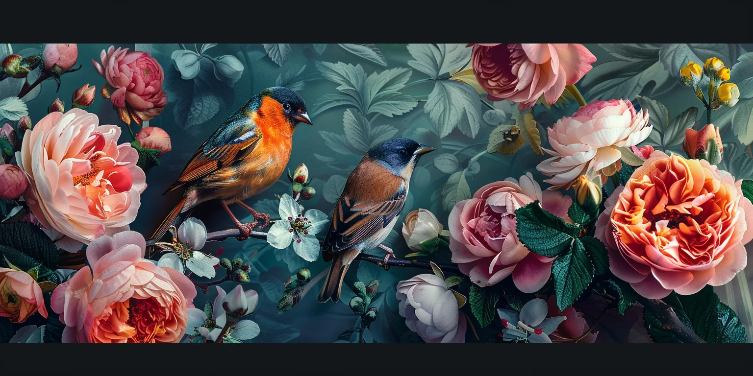 wallpaper with flowers and birds, style, 4K  2:1